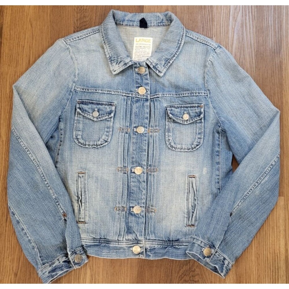J Crew Women’s Large Distressed Denim Utility Jacket Destroyed Blue Fade